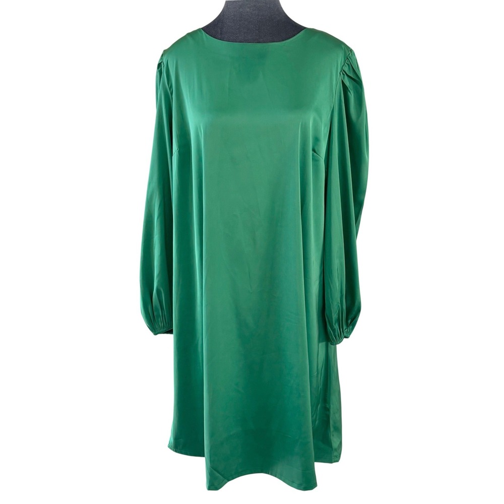 The‎ Drop Emerald Green Satin Party Glam Minimalist Puff Sleeve A-Line Dress L